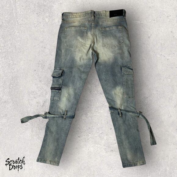 BooHoo Man Men's Faded Cargo Pants Size 32x28 Distressed Denim Jeans Trend - Picture 3 of 4